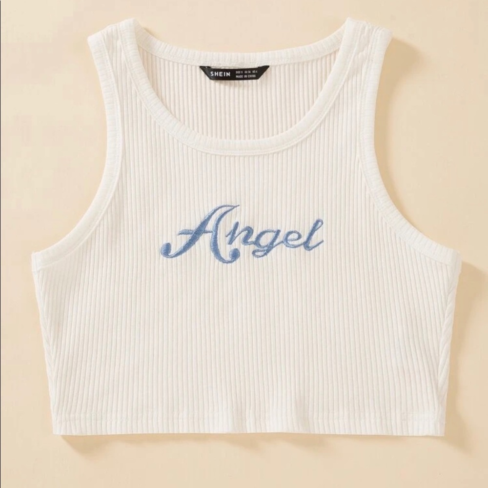 “Angel” Embroidered Rib-Knit Cropped Tank